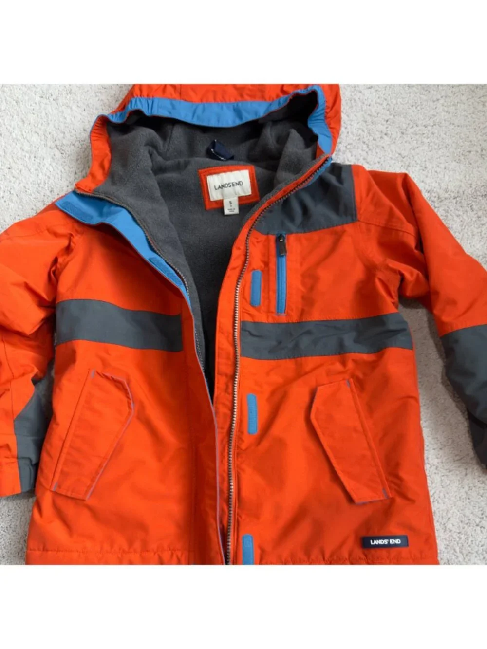 Lands End Jacket Boys Size Small / 8 Insulated Parka Orange Hooded Waterproof